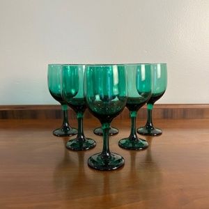 Set of 6 Vintage Libbey Premiere Dark Green Wine Glasses/Water Goblets